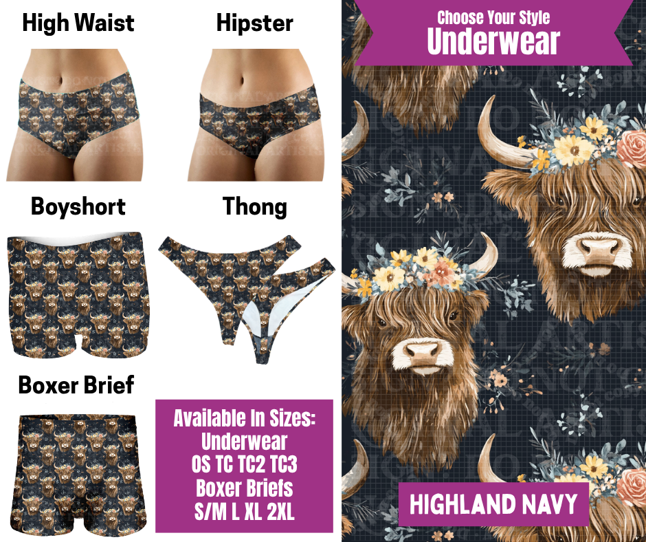 Preorder! Closes 6/24. ETA Sept. Highland Navy Hipster, High Waist, Boyshort, & Thong Underwear & Boxer Briefs