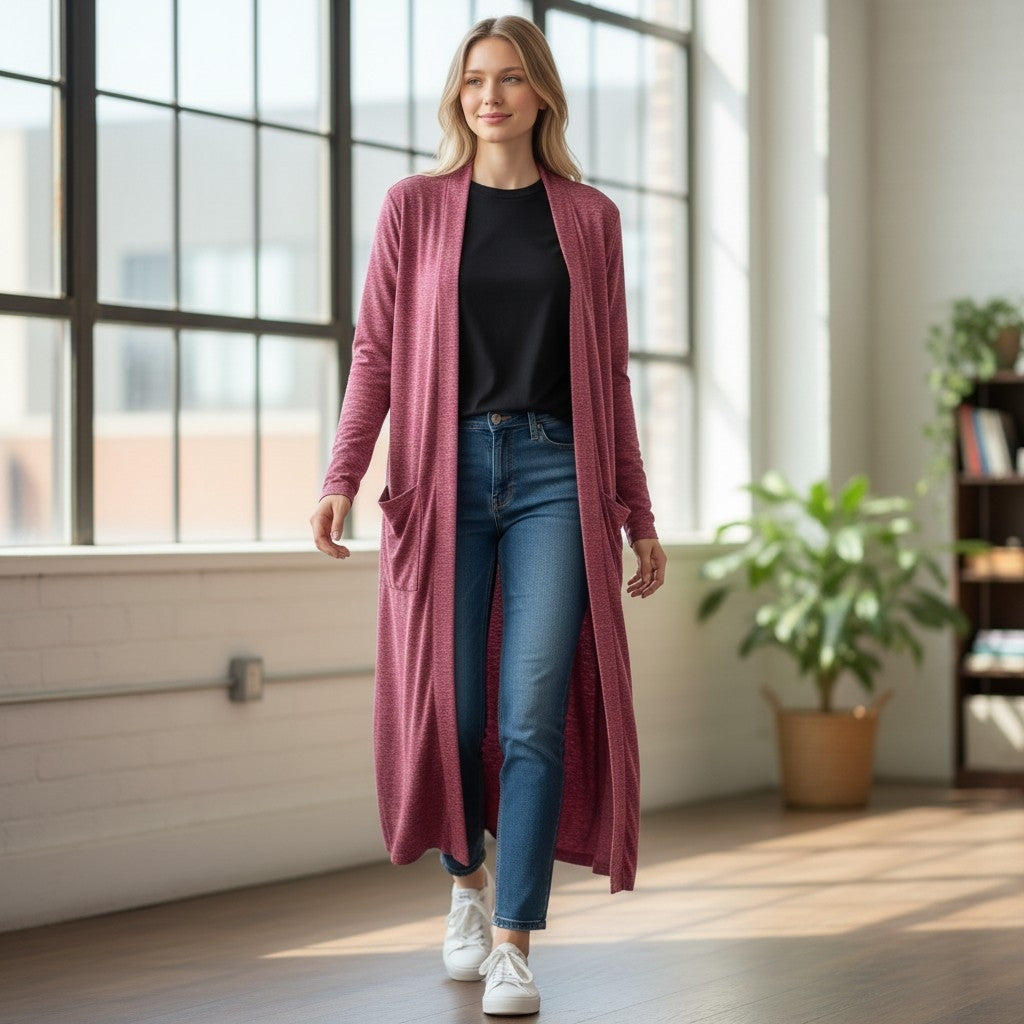 Zenana Long Cardigan Rosey Red - 1X & 2X