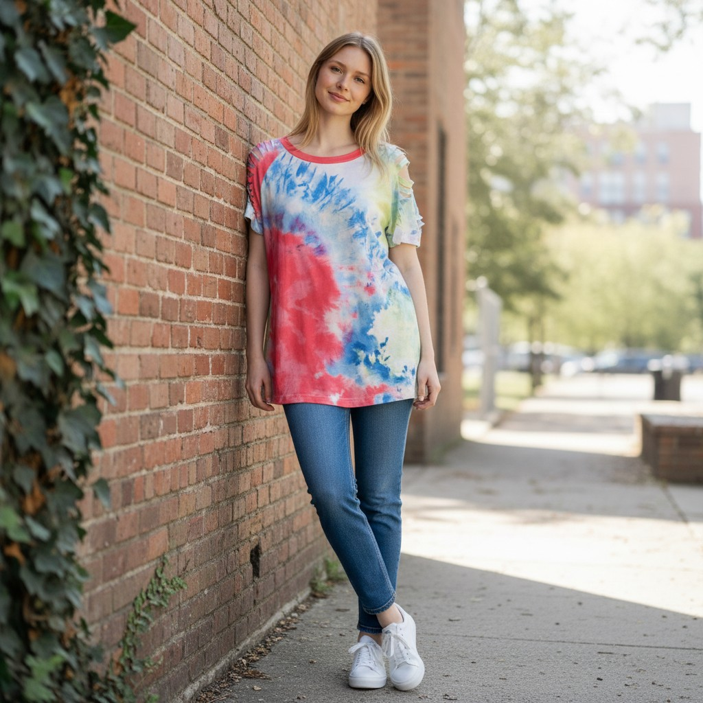 Tie Dye Cold Sliced Shoulder Top - Small