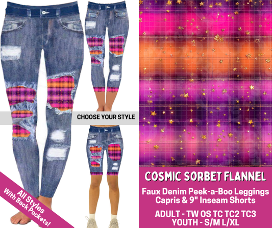 Preorder! Closes 6/18. ETA Sept. Cosmic Sorbet Flannel Combo Faux Denim Peekaboo Legging Lengths